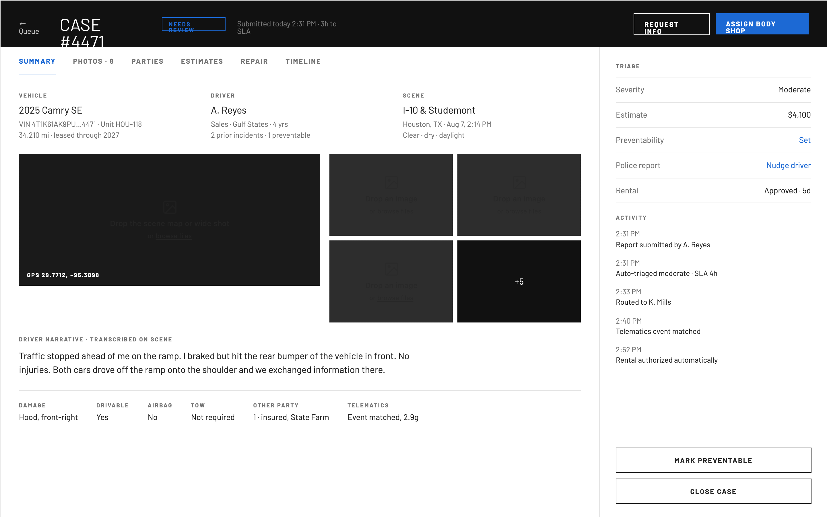 Incident case file: vehicle, driver and scene summary, photo grid, transcribed narrative, triage panel and audit activity
