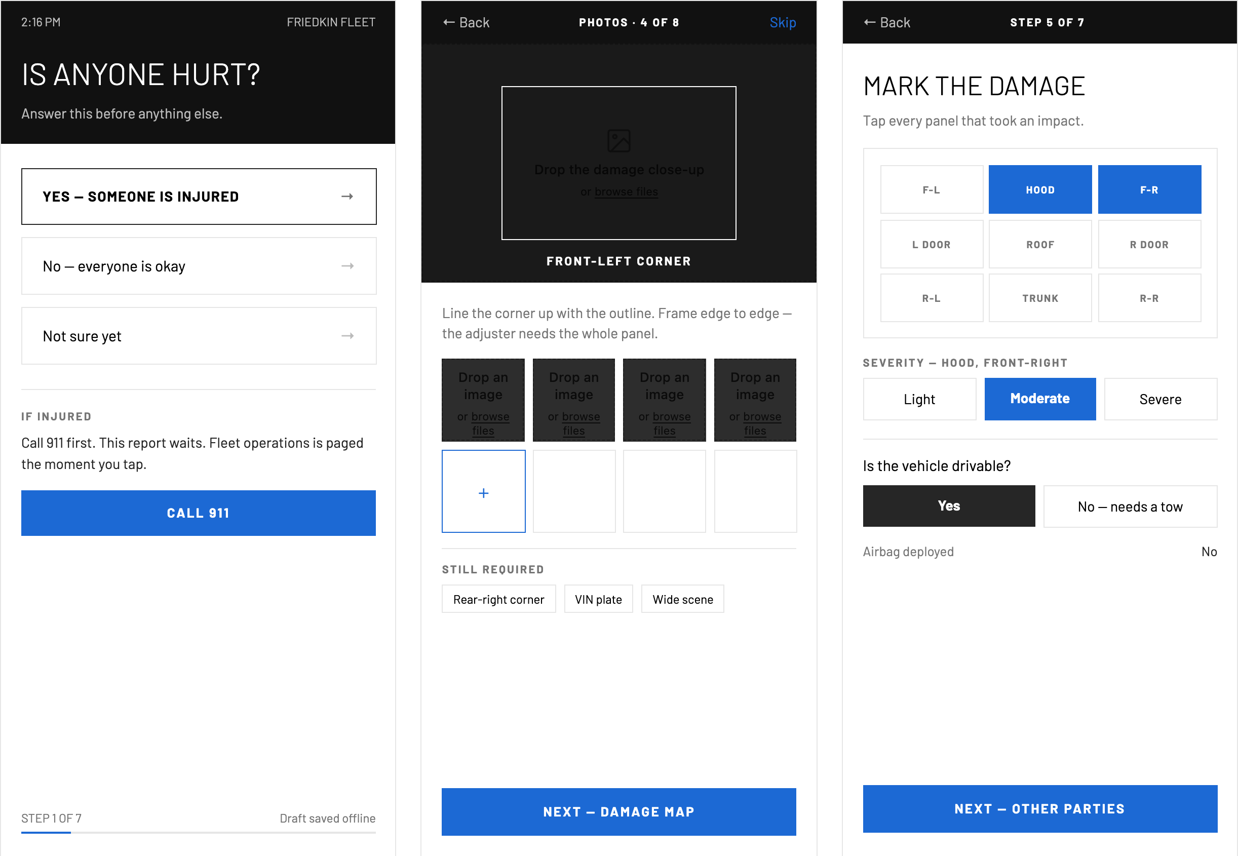 Three driver screens: is anyone hurt, guided photo capture with a ghost outline, and the tap-to-mark damage map