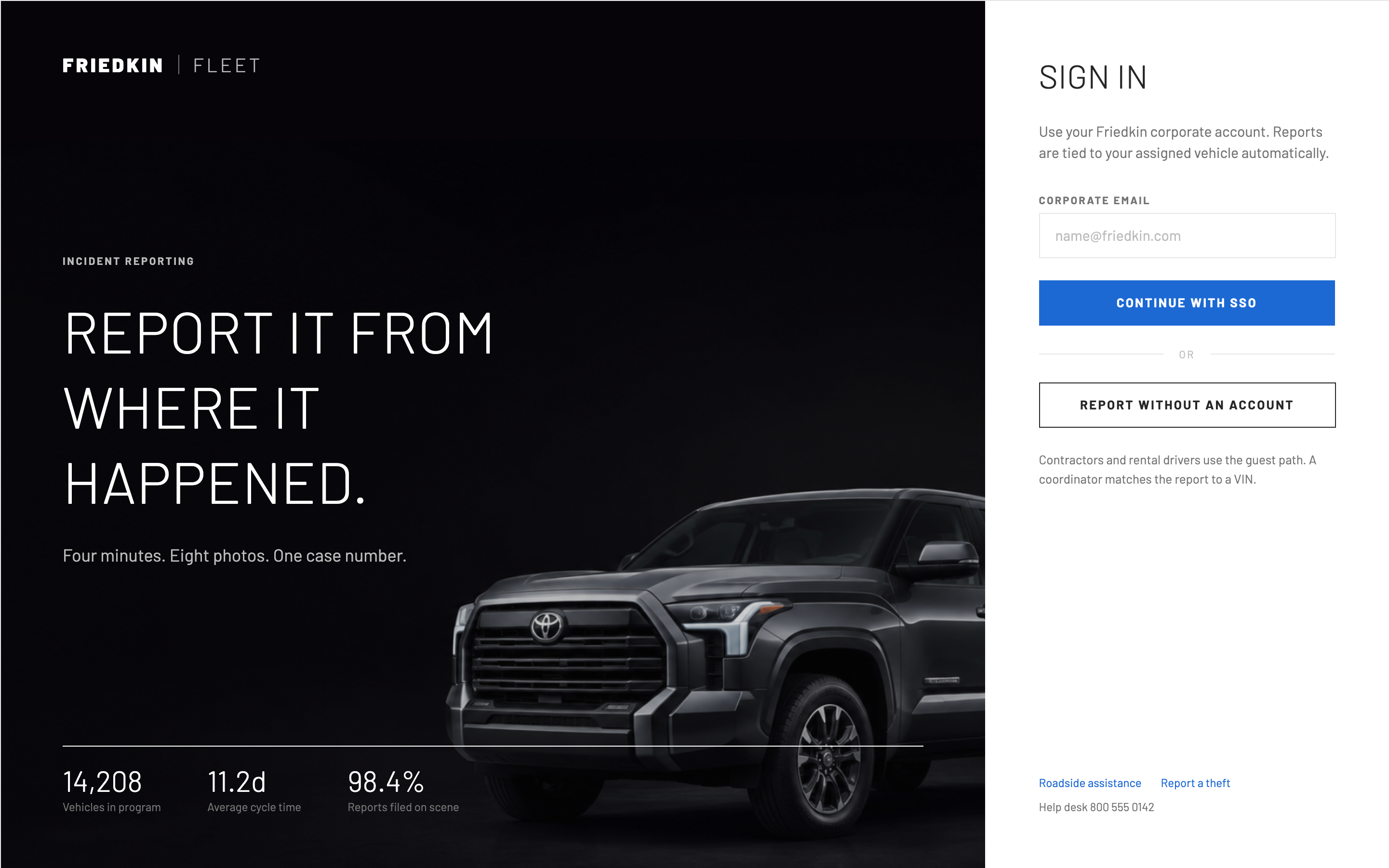 Friedkin Fleet incident reporting sign-in screen: dark hero with a Toyota Tundra, SSO entry and a guest reporting path