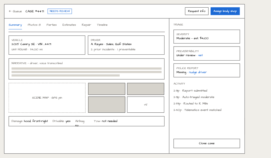 Incident case file wireframe