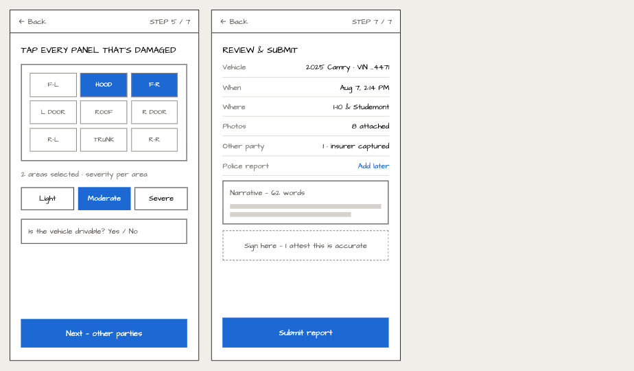 Damage map and review wireframes