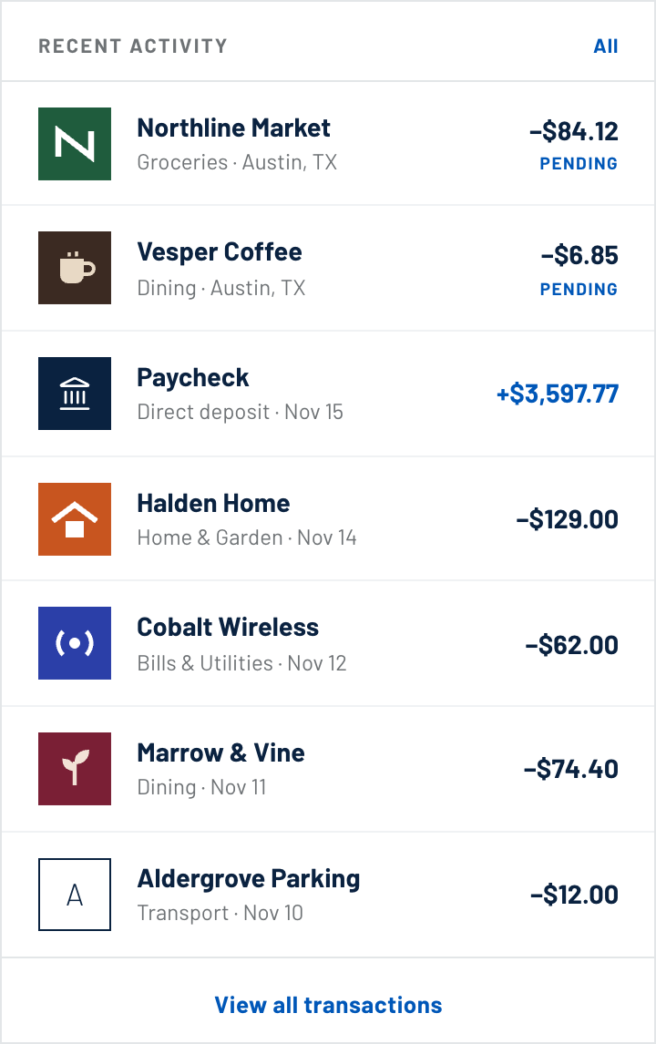 Transaction rows with matched merchant marks in brand colours