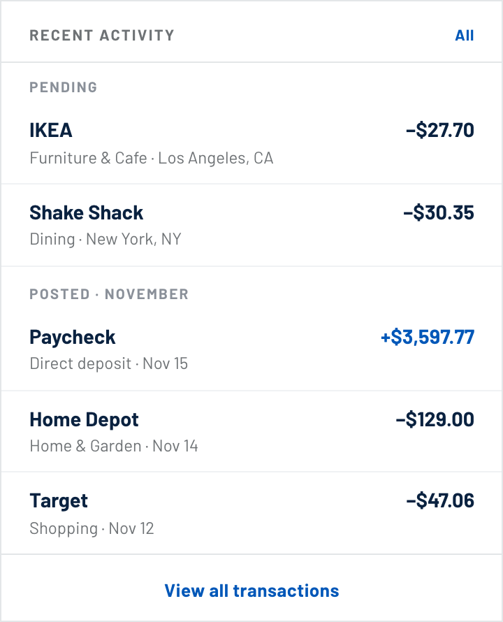 Transaction rows with no avatar column, grouped under pending and posted headers