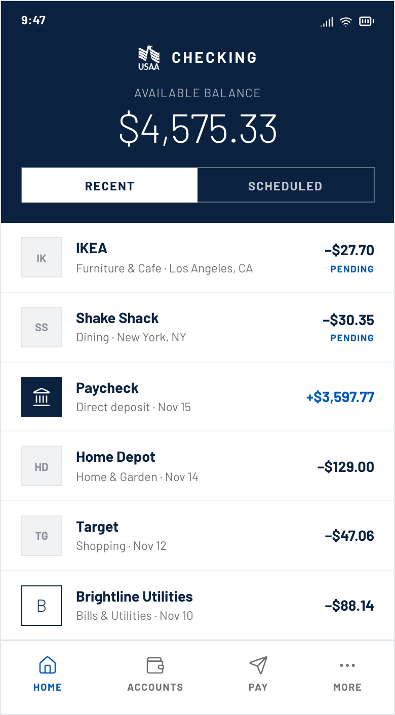 Checking screen before: transaction rows with two-letter initial tiles