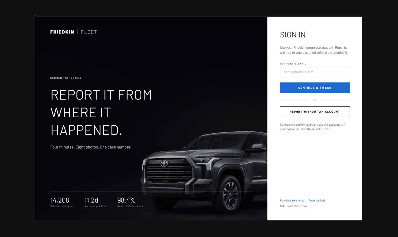 Friedkin Fleet incident reporting sign-in screen