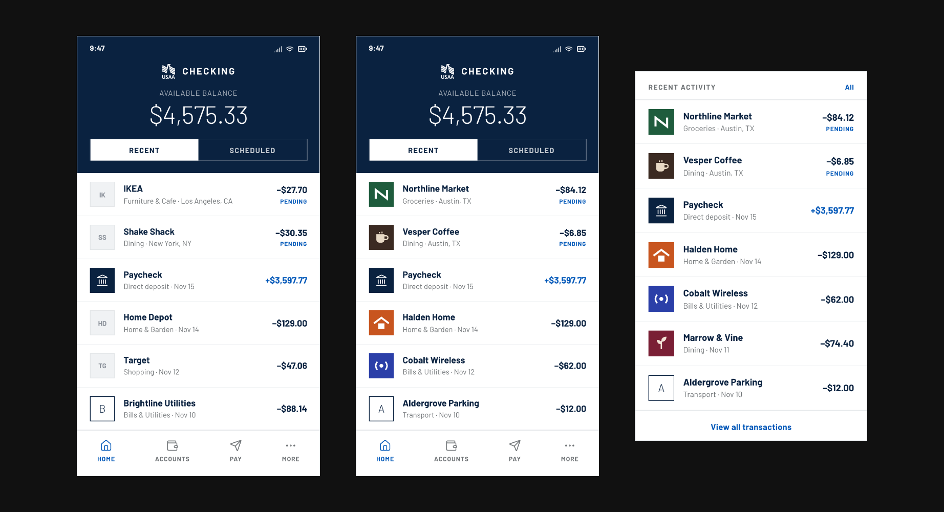 Checking screens before and after merchant logo matching
